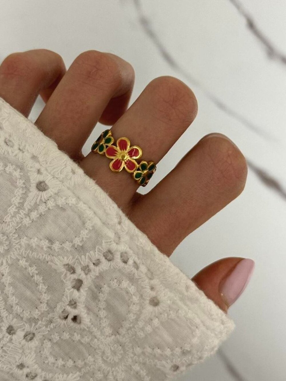 Sku0222 vintage style‎ gold ring green red flowers Stainless steel + gift bag